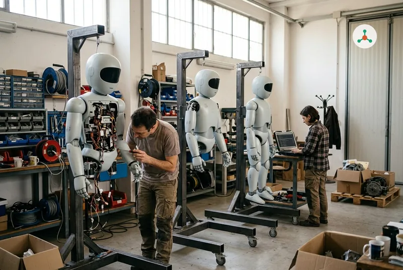 In a small robot workshop, three unfinished light-grey humanoid robots hang on assembly stands; one technician works on a robot's open chest with a screwdriver, another types on a laptop