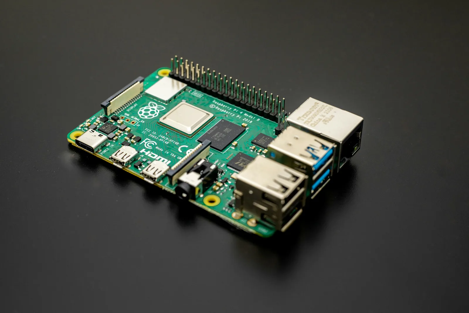 Close-up of a single-board computer on a dark table