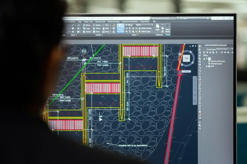 An engineer looking at a CAD drawing on a computer monitor