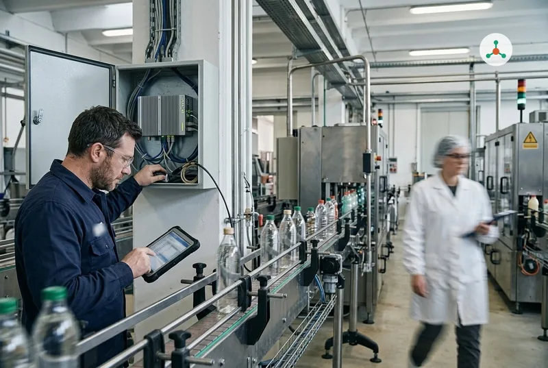 Beside a bottling line in a food plant, an engineer in safety glasses checks a rugged tablet next to an open wall cabinet holding a small industrial computer, while an operator in a white coat walks past