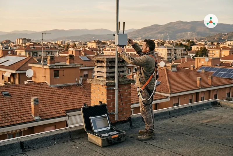 On the flat roof of an apartment block, a technician in a harness mounts a small grey gateway box with two antennas on a pole, a rugged laptop open in a case at his feet and the red roofs of an Italian town behind