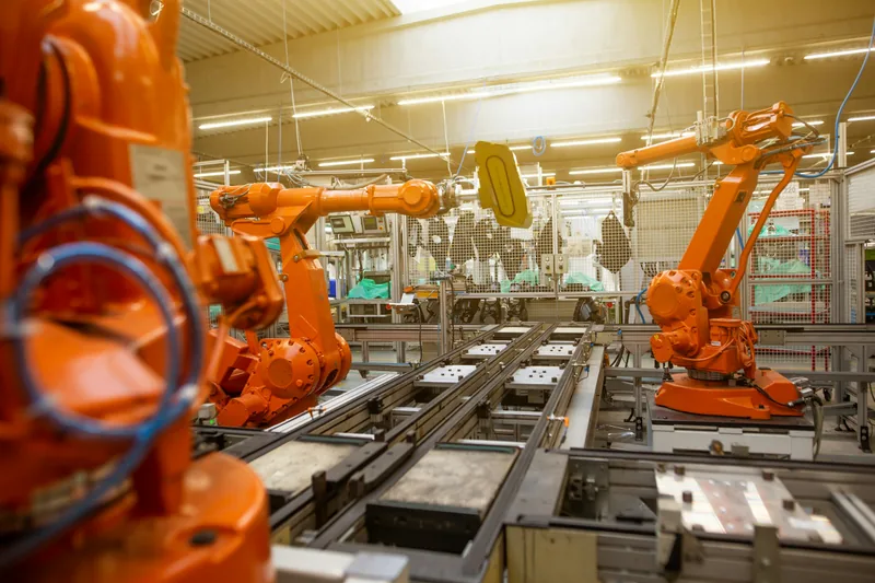 Orange robot arms on an automotive assembly line
