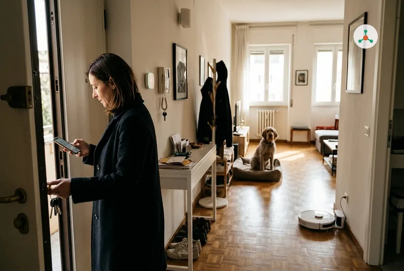 A woman in a coat checks her phone at the front door of a sunny Italian apartment while a robot vacuum starts on the parquet and a dog watches from its bed