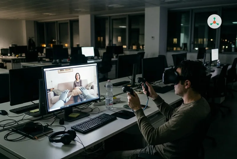 In a dark office at night, an operator wearing a VR headset holds two controllers; on his monitor, seen through the robot's camera, a woman sits on her sofa looking warily at the robot hands reaching towards her