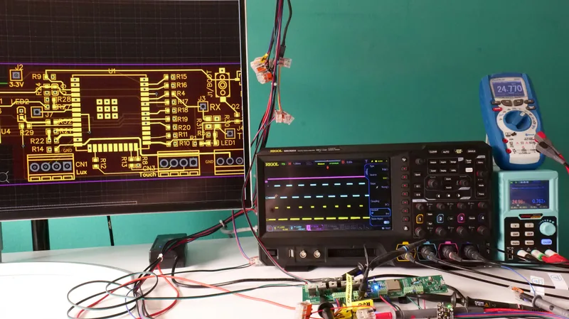 An electronics lab bench with an oscilloscope, a circuit board layout on screen and a prototype board