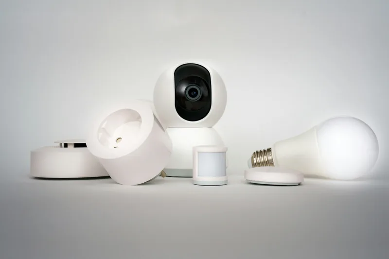 A white smart camera, smart plug, smart bulb and small sensors on a light grey table