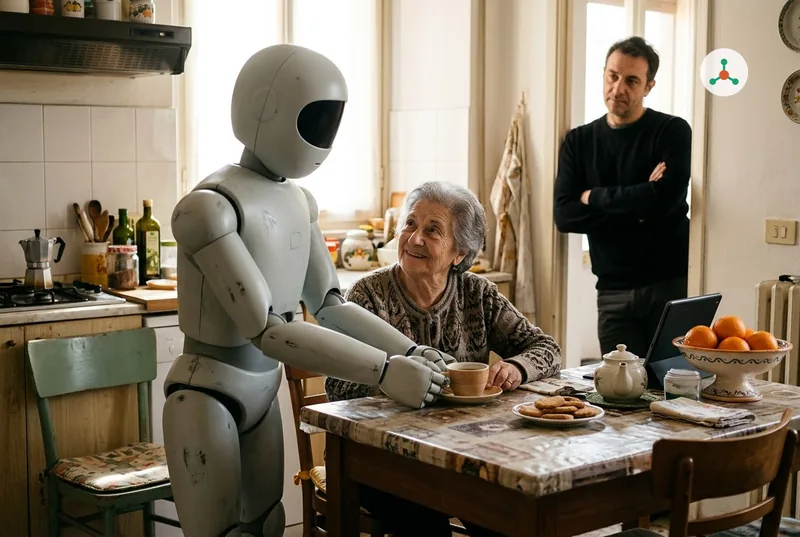In a lived-in kitchen, a light-grey household robot with a black visor sets a cup of tea in front of a smiling elderly woman, while her adult son watches from the doorway with his arms crossed