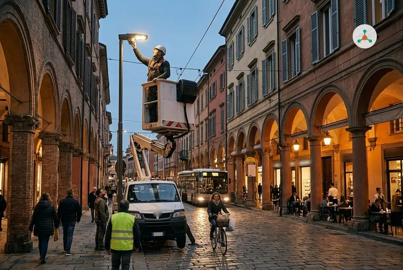 At dusk on an arcaded Italian street, an electrician in a lift basket fits a sensor pod under a lit LED streetlight while people walk, a woman cycles past and cafe tables glow under the arches