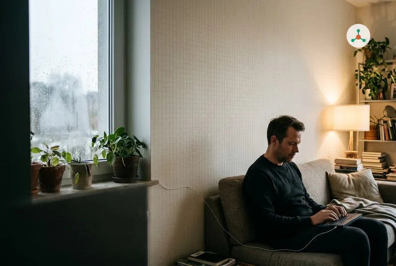 On a rainy day, a man sits on a sofa typing on a small keyboard wired to a cream wall covered in a fine grid of paper tiles, plants on the windowsill and a warm lamp behind him
