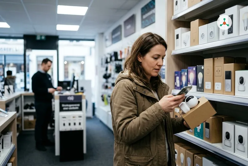 In an electronics shop, a woman holds a small white home security camera in its box and checks her phone, shelves of smart plugs, bulbs and cameras beside her and a shop assistant at the counter behind