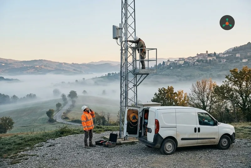 At dawn on a hill above a misty valley, a technician in an orange high-visibility jacket talks on a radio at the foot of a lattice mast while a colleague on a platform fits an antenna; a white van stands on the gravel