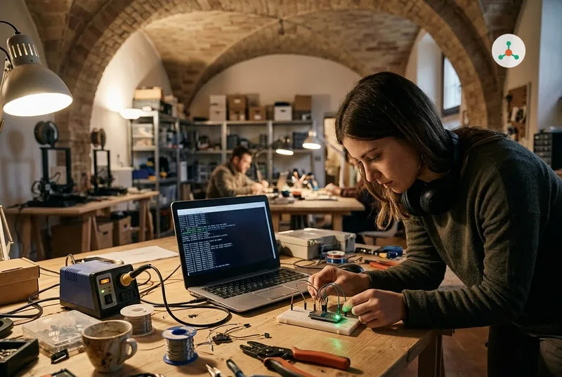 In a maker space with brick vaults, a young developer wires a tiny sensor to a development board on a breadboard with a green LED lit, a laptop terminal beside her and other makers in the background